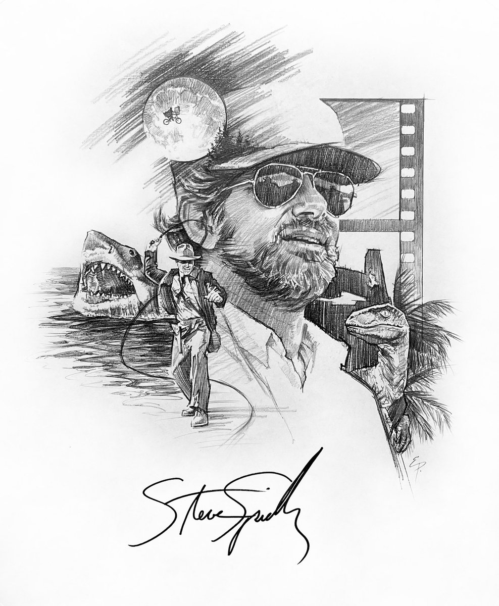 “Steven Spielberg Tribute”
Original sketch with authentic autograph 

SOLD

artofethanpro.com 

Pencil on paper. 14”x17”.
•
•
•
• 
#stevenspielberg #JurassicPark #IndianaJones #jaws #et