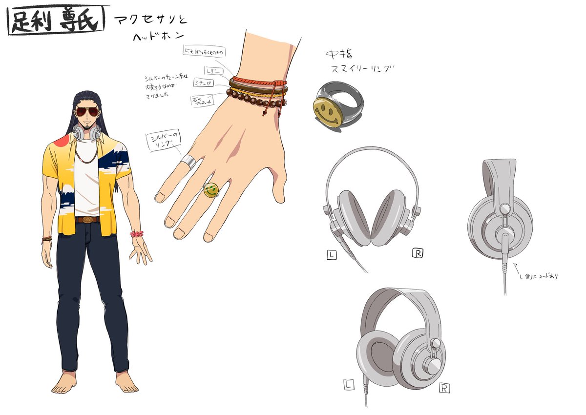 それとEDのみんなの衣装の設定も描いてました〜演出の米森さんから伝えてもらったイメージが最高すぎて尊氏大好きになりました！ピンクのシュシュでギャルみを出したところとスマイリーリングがお気に入りポイントです🙆色はイメージを伝えるために仮で塗ったものです！
#逃げ若