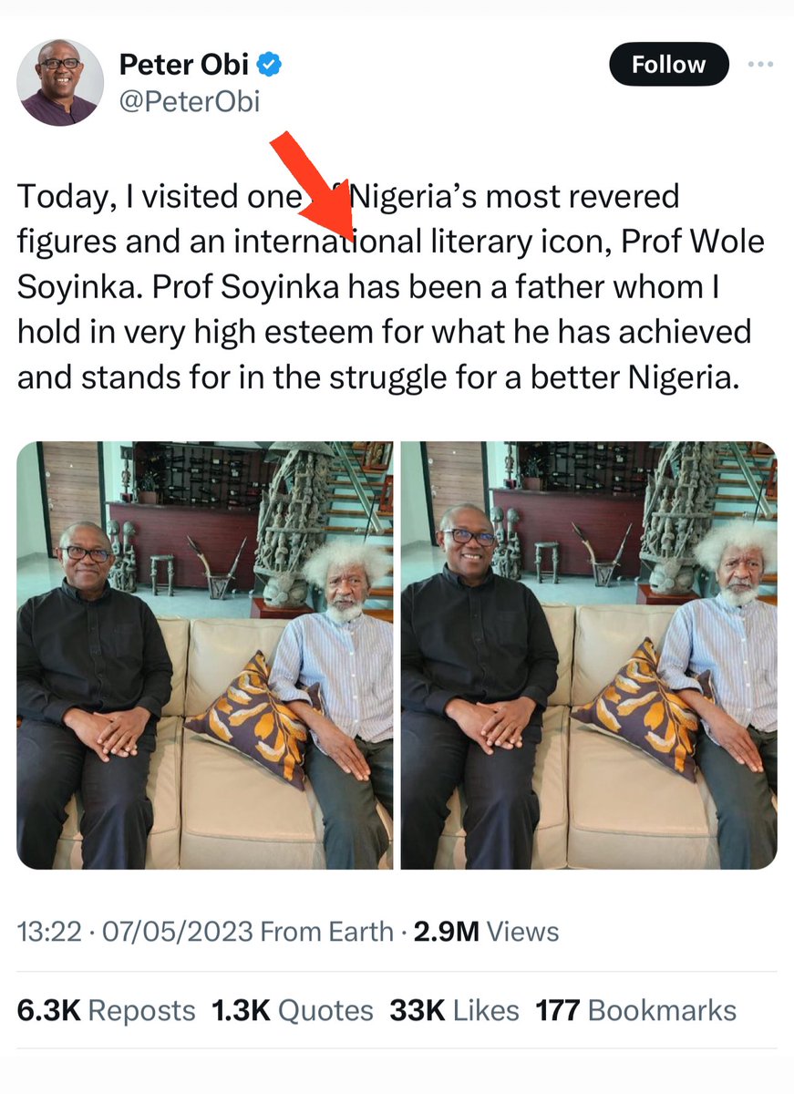 renoomokri's tweet image. Very predictably and pettily, Peter Obi has refused to celebrate Professor Wole Soyinka on his 90th birthday. And this is a man who wants to be Nigeria's President. 

How many times does a legend like Professor Soyinka celebrate such a milestone? It is the cornerstone of decency…