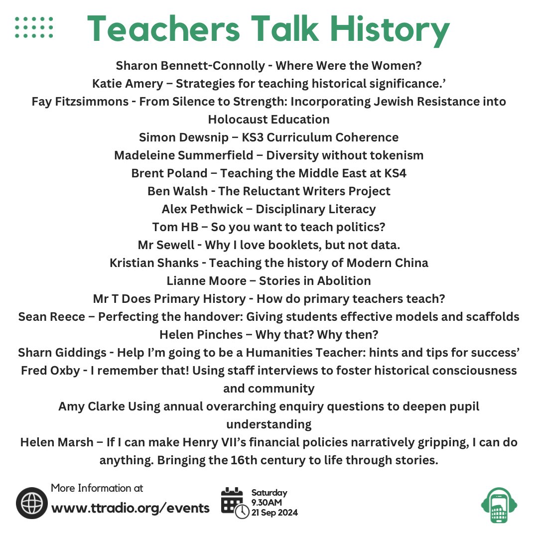 With over 20 speakers, here’s a sneak peek 👀! If you see something you like then grab your free ticket now
eventbrite.com/e/teachers-tal…
<a href="/TTREvents1/">TTR Events</a> <a href="/History_Ben/">Ben Walsh</a> @BrentPoland1 <a href="/bovlia/">Lianne</a> <a href="/missbutler21/">Miss Butler</a>
<a href="/MSummerfield123/">Miss. Summerfield</a> @HistoryKss <a href="/GiddsTeach/">Miss Giddings</a> <a href="/MrReeceHistory/">Mr Reece</a> <a href="/hb_history/">Tom HB</a>