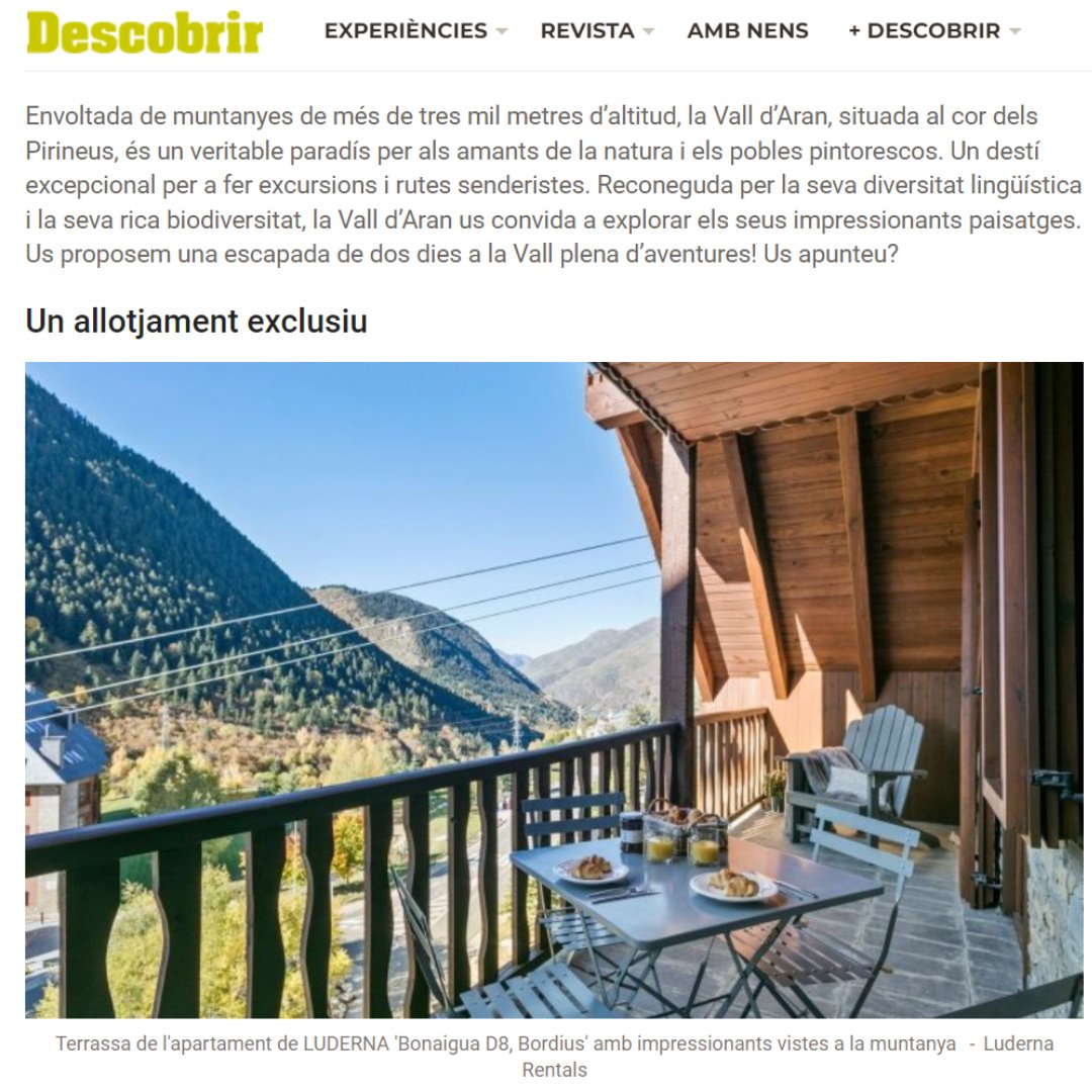 ¡Descobrir.cat habla sobre nosotros en el artículo de la Vall d'Aran! 🏔️✨

Disfruta de una escapada veraniega con LUDERNA y explora paisajes impresionantes en medio de la naturaleza. 🏞️

#ValdAran #LUDERNA #Naturaleza #Aventura #Noticia #Verano #Alquiler #Familia