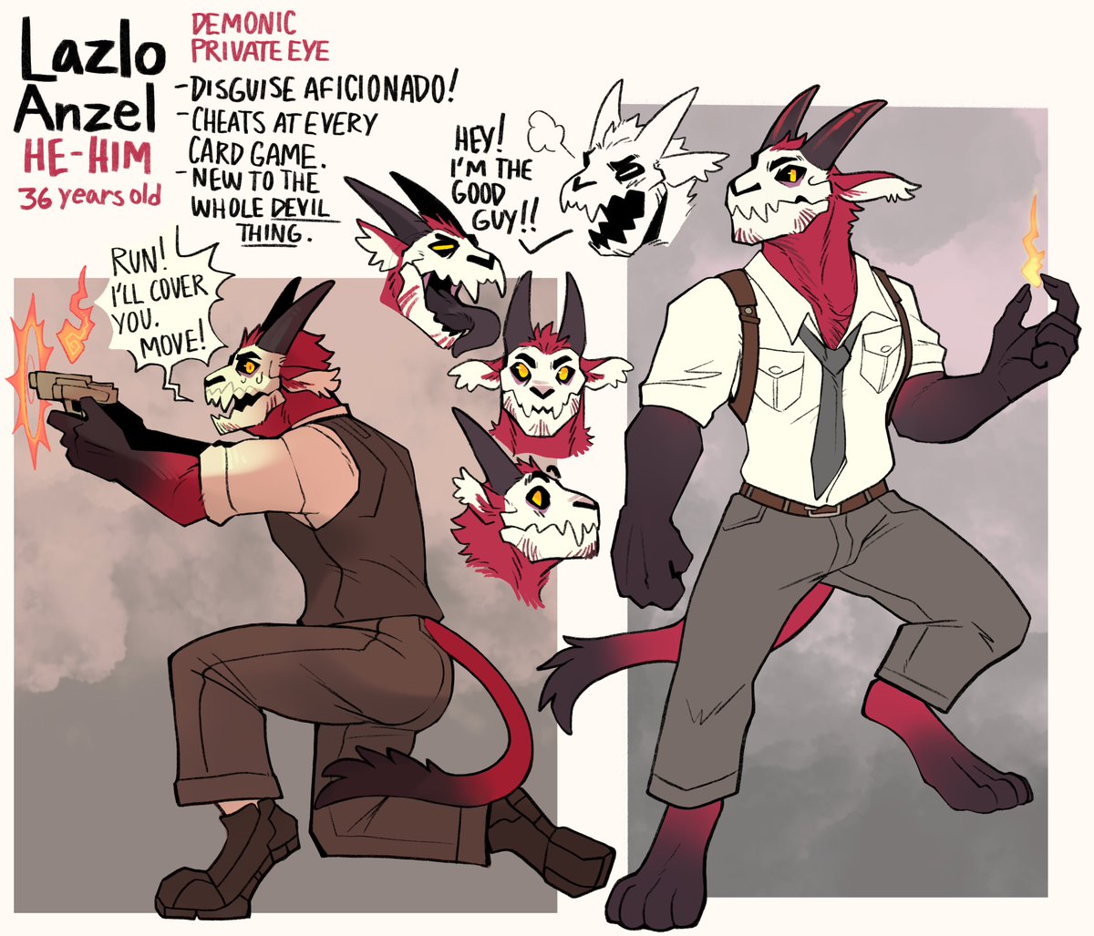 Lazlo the demon private investigator!  Recently turned demon after he interrupted a cult ritual on his latest job.
Now he's working to adapt and hopefully show those around him he isn't just more than the average demon. 
Thanks to <a href="/squidinu/">Mikey 🦈</a> for your work bringing him to life!
