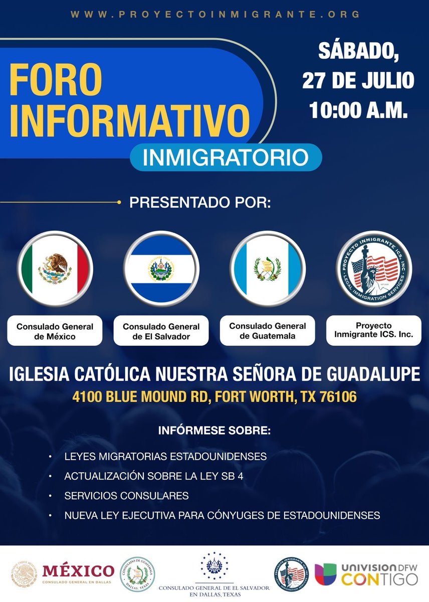 ProyectoDFW's tweet photo. ¡Únete a nuestro Foro Informativo el 27 de julio a las 10:00 am en la Iglesia Católica Nuestra Señora de Guadalupe (4100 Blue Mound Rd, Fort Worth, TX 76106)! Para más info, llama al 888-793-2182 ext. 201 o visita https://t.co/fpbRYB4IA2. ¡Te esperamos! #ForoInformativo https://t.co/bGvBLDvT3P