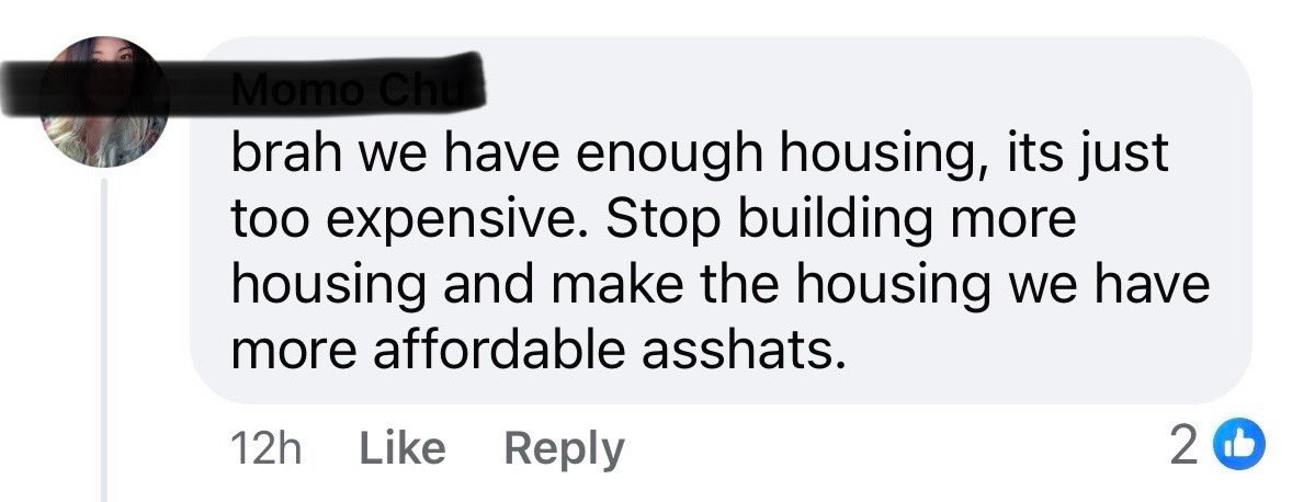 gavinplatt's tweet photo. An example of online housing discourse in West Oakland. What I appreciate is how succinctly they’ve managed to summarize their misconceptions about how housing affordability works. https://t.co/Ji7dYXdOaX