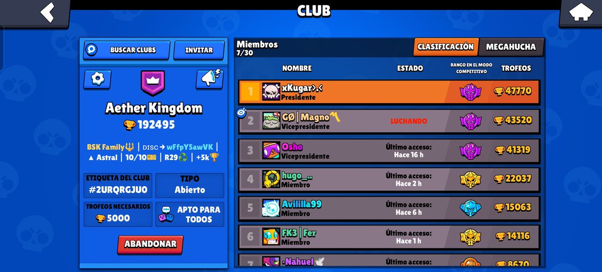 Nuevo club de la mano de <a href="/BSKingdom_/">Brawl Stars Kingdom</a> 
Si no tenéis clan o estáis en uno inactivo, no dudéis en uniros a Aether Kingdom.
Nuestro primer objetivo es llenar el club y completar la megahucha 💪