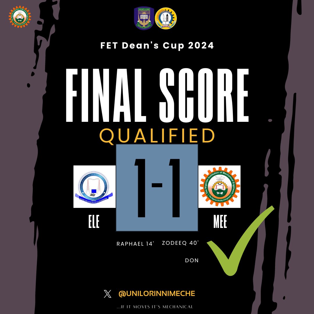 unilorinnimeche's tweet photo. ๐ฅ In an intense battle on the field, MEE fought valiantly against ELE. โฝ๏ธ Zodeeqs heroics secured a thrilling draw! ๐ค But hereโs the twist: Theyโve qualified for the next round! ๐
#FETDeansCup2024 #Football #Qualifiers #WAME #COYM
๐ง โIf it moves, itโs Mechanical!โ ๐ช๐ฉ https://t.co/z02tYokTuE