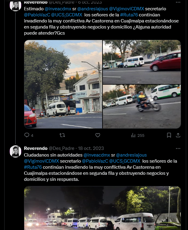 Des_Padre's tweet photo. Nuevamente las combis de las rutas 76 y 4 invadiendo la Av Castorena muy cerca de esq con Av Juárez en Cuajimalpa. @inveacdmx  @andreslajous @VigimoviCDMX @PabloVazC  nos pasaremos otro sexenio denunciando?  @SSC_CDMX @UCS_GCDMX por favor retirenlos y revisen esas concesiones. https://t.co/W9ayzJgprA