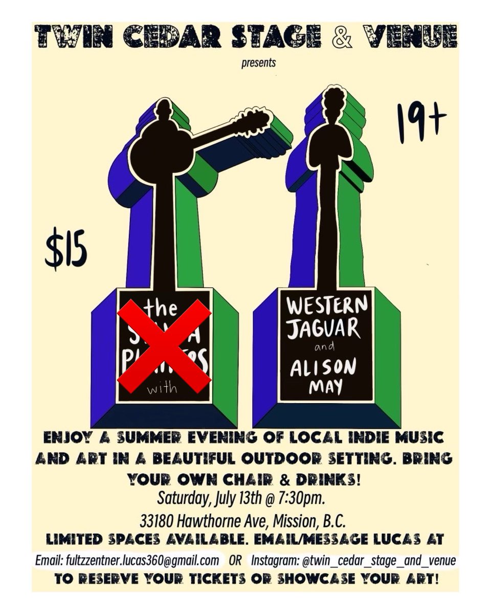 The Sylvia Platters (@sylviaplatters) on Twitter photo Well folks, we are very dispirited to cancel our performance tonight β Nick is sick and unable to sing.
Please do still check out <a href="/westernjaguar/">WESTERN JAGUAR π¨π¦π¨π¦π¨π¦π¨π¦π¨π¦</a> and Alison May! This is a beautiful spot for a summer evening of live music. Well folks, we are very dispirited to cancel our performance tonight β Nick is sick and unable to sing.
Please do still check out <a href="/westernjaguar/">WESTERN JAGUAR π¨π¦π¨π¦π¨π¦π¨π¦π¨π¦</a> and Alison May! This is a beautiful spot for a summer evening of live music.