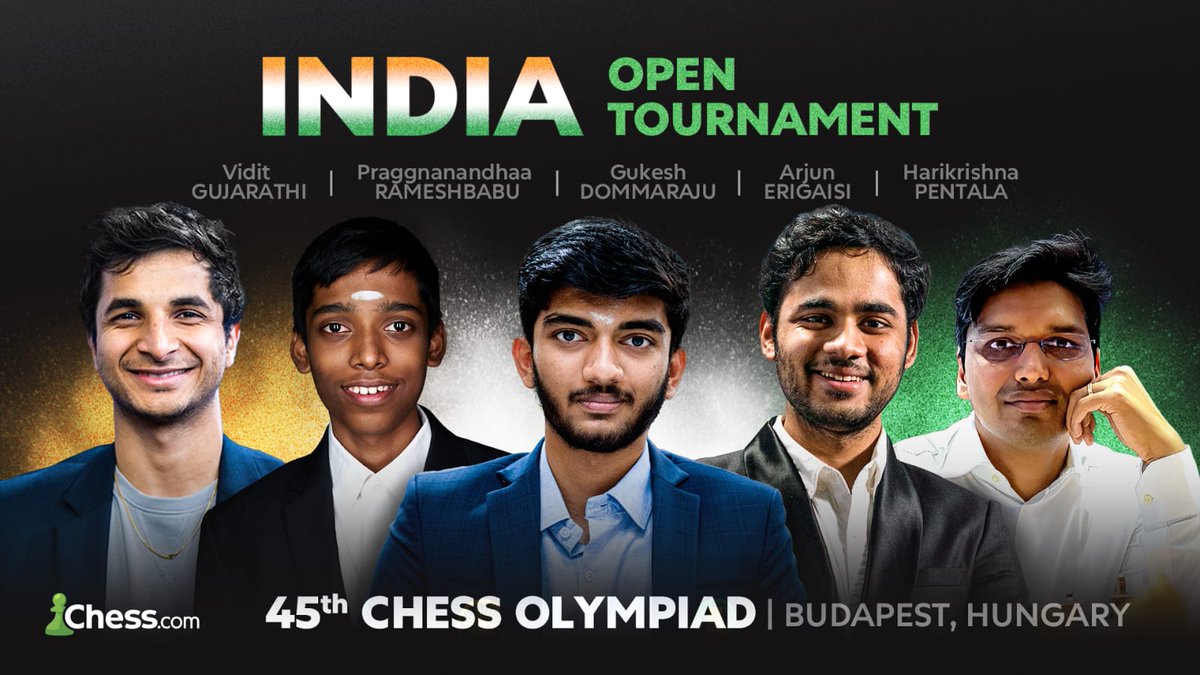 BREAKING: 🇮🇳 Indian team for the 45th Chess Olympiad announced!

GM Gukesh Dommaraju 
GM Praggnanandhaa Rameshbabu
GM Arjun Erigaisi 
GM Vidit Gujrathi 
GM Harikrishna Pentala

Let's go India ✅
Chak de India ✅
