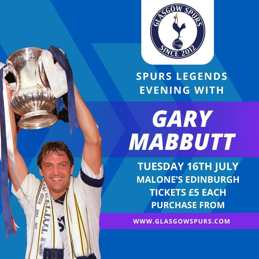 GlasgowSpurs's tweet photo. Any @SpursOfficial fans in Edinburgh for the pre season friendly against @JamTarts are welcome to join us the evening before the match and meet the legend that is #GaryMabbutt tickets available here https://t.co/ieferyxphw #Spurs #EDINBURGH https://t.co/eb8P3mAbzt