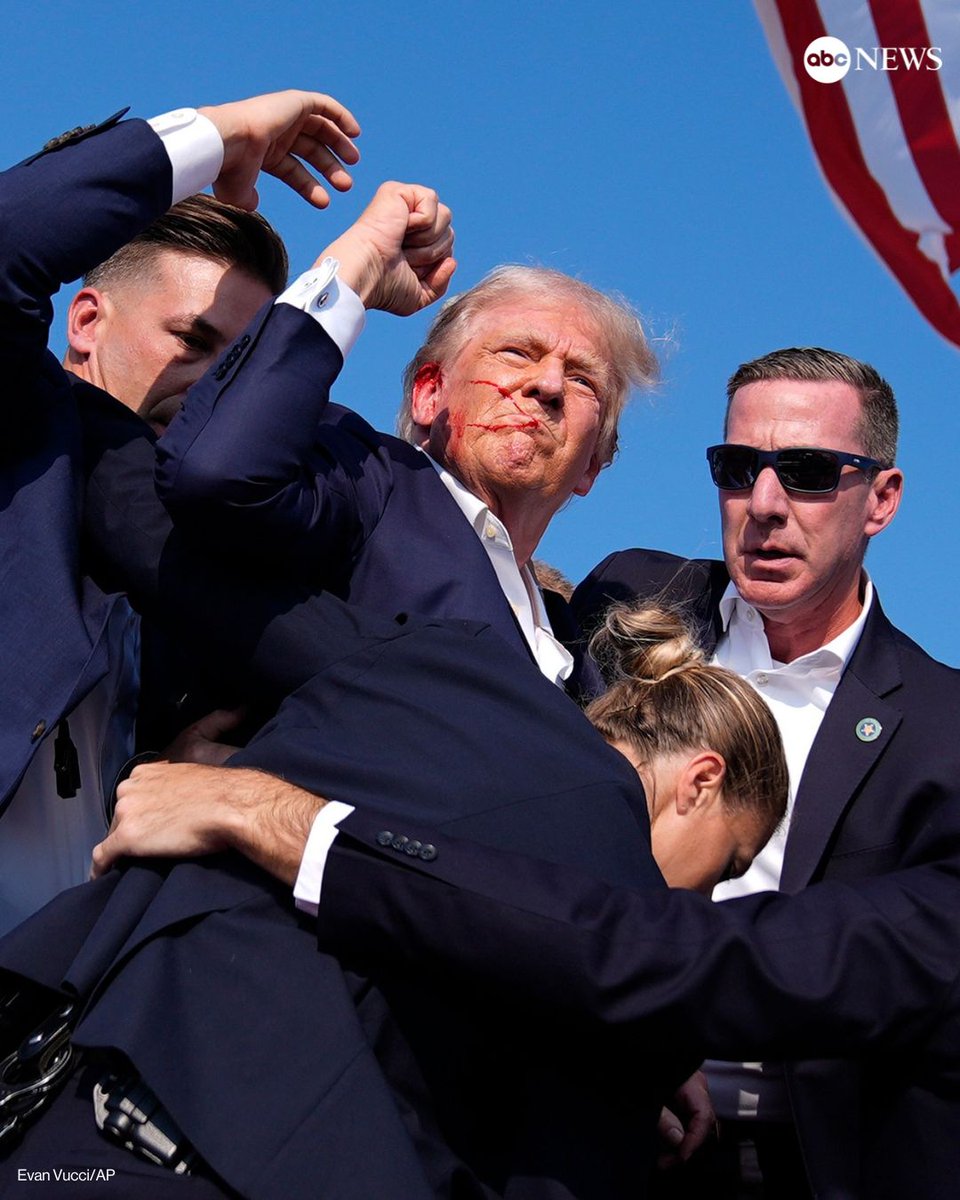 ABC's tweet image. Former Pres. Trump was swarmed by Secret Service agents and rushed off stage as possible shots were heard during a rally Saturday in Butler, Pennsylvania.

The shooter and one bystander are confirmed dead, according to the Butler County district attorney. trib.al/cSSZ4dt