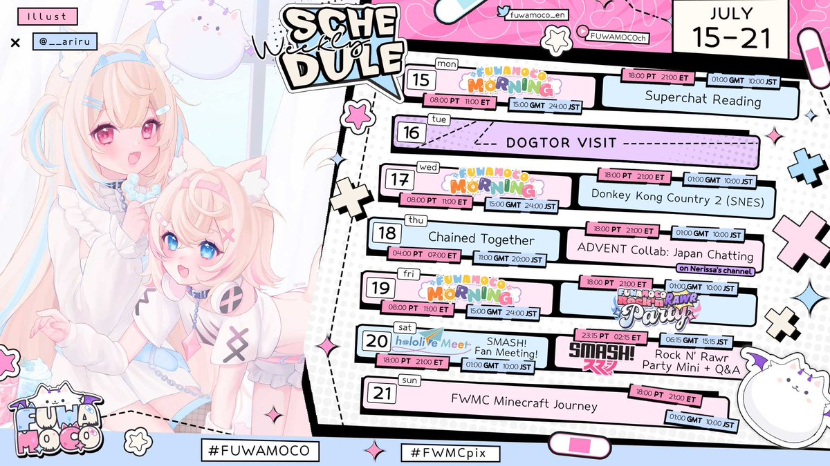 fuwamoco_en's tweet photo. 🩵🐾 SCHEDULE 07.15〜07.21 🐾🩷

We’re back with a full week of streams, Ruffians!! Let’s have a TON of fun as we get close to our 1st ANNIVERSARY!! ✨

🐾 Live: #FUWAMOCO
🐾 Art: #FWMCpix
🐾 Q&amp;A: #helpFWMC
🐾 Memes: #FWMCwww 
🐾 Clips: #lilFWMC
🐾 Music: #FWMCbeats https://t.co/1gyABkpDsl