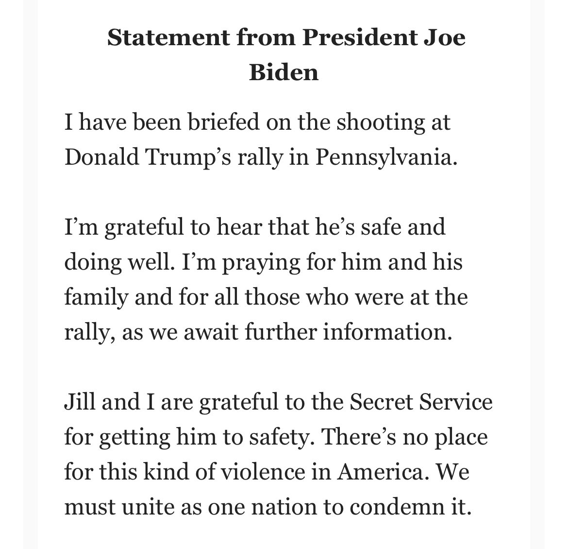 KobeissiLetter's tweet photo. BREAKING: President Biden releases statement on the shooting at Donald Trump's rally in Pennsylvania. https://t.co/6ugYqkRStc