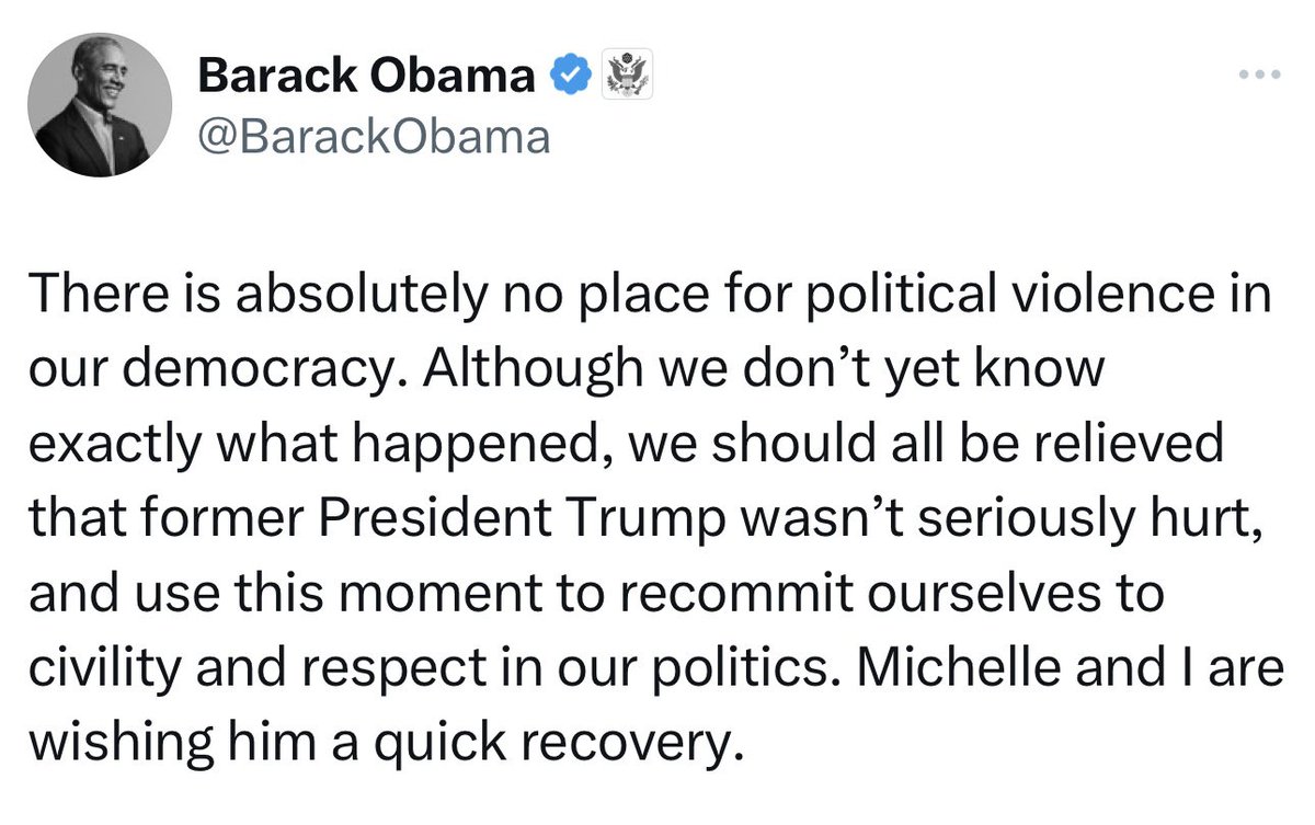harryjsisson's tweet photo. President Obama just put out a statement on the shooting at Trump’s rally. Very well said. https://t.co/HeHFTvgO1z