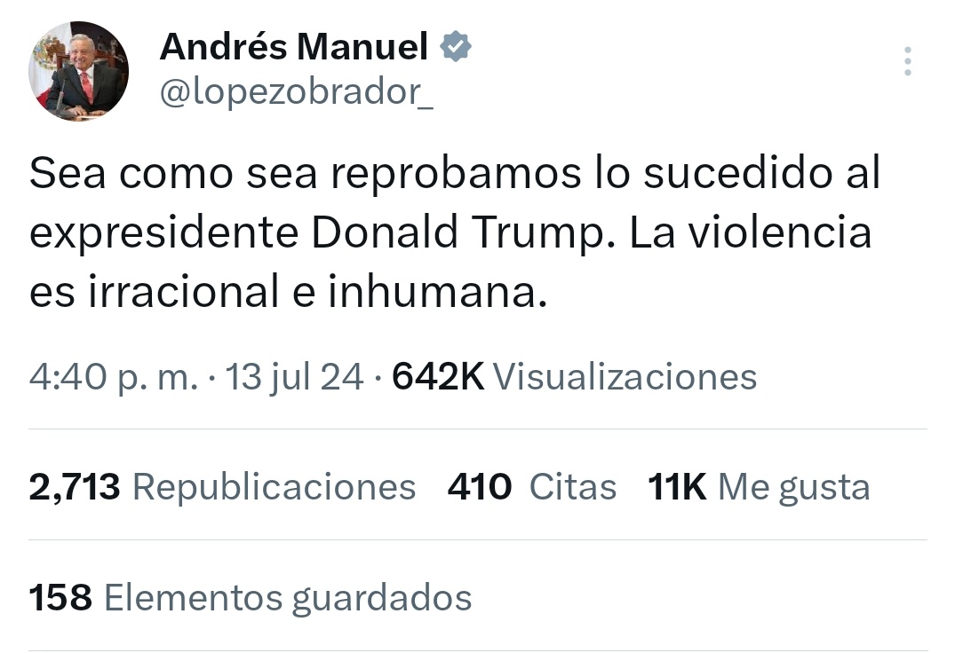 Mexico_Escucha's tweet photo. El presidente de México Andrés Manuel Lopez Obrador se pronunció respecto al atentado que sufrió el estadounidense Donald Trump en un evento de campaña en #Pennsylvania https://t.co/E49s3aJbSb