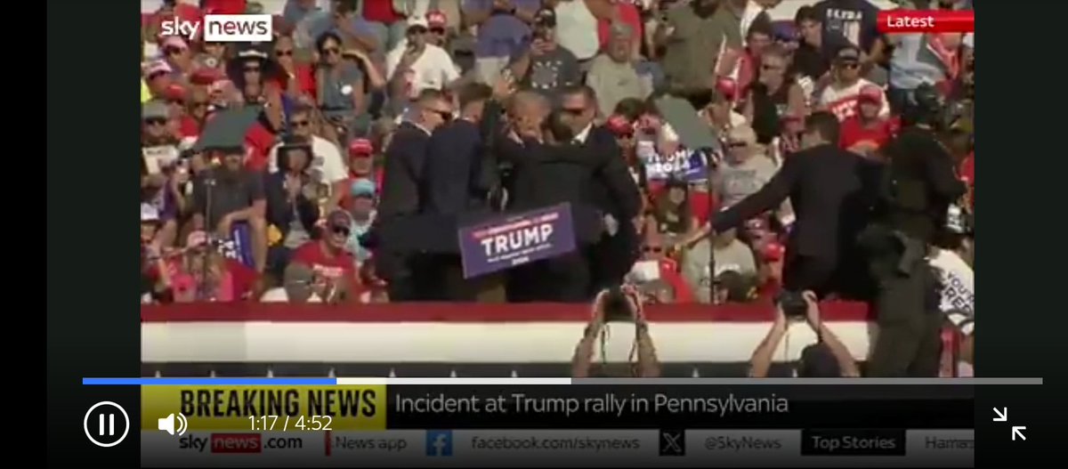 Gunshots have reportedly been fired at Donald Trump's rally in Pennsylvania, with the former president rushed off-stage by security staff. <a href="/realDonaldTrump/">Donald J. Trump</a> <a href="/DonaldJTrumpJr/">Donald Trump Jr.</a> <a href="/realDonaldJNews/">Donald Trump 🇺🇸 News</a>