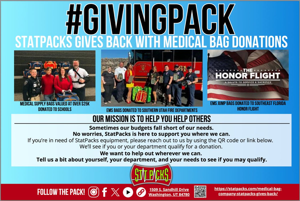 Our Mission is to Help you Help Others.
If you are in of StatPacks equipment, please reach out to us by using the QR code or
statpacks.com/medical-bag-co…

#givingback #donations #firstresponders