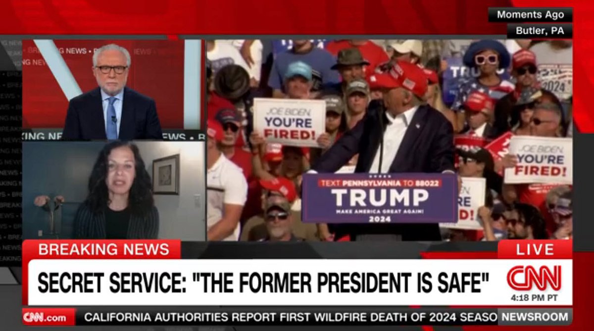Porter_Anderson's tweet photo. Media: @juliettekayyem talks with @wolfblitzer about the threat environment that she and others in the security community have been warning about as details are still worked out on the incident at the #Trump rally in Butler, Pennsylvania: 
#Kayyem: "What is about to happen is that an entire party and its political leadership is meeting for their convention, starting essentially tomorrow. [This event means] security is going to have to change for the convention, its posture is going to have to change, to ensure that whatever was the cause of this -- and the motivations -- do not rear their head again. We were already in an increased threat environment for both conventions, for different reasons. That increase will be felt now, essentially, from now to November 5th if not after. We're now in the moment a lot of us have been warning about."