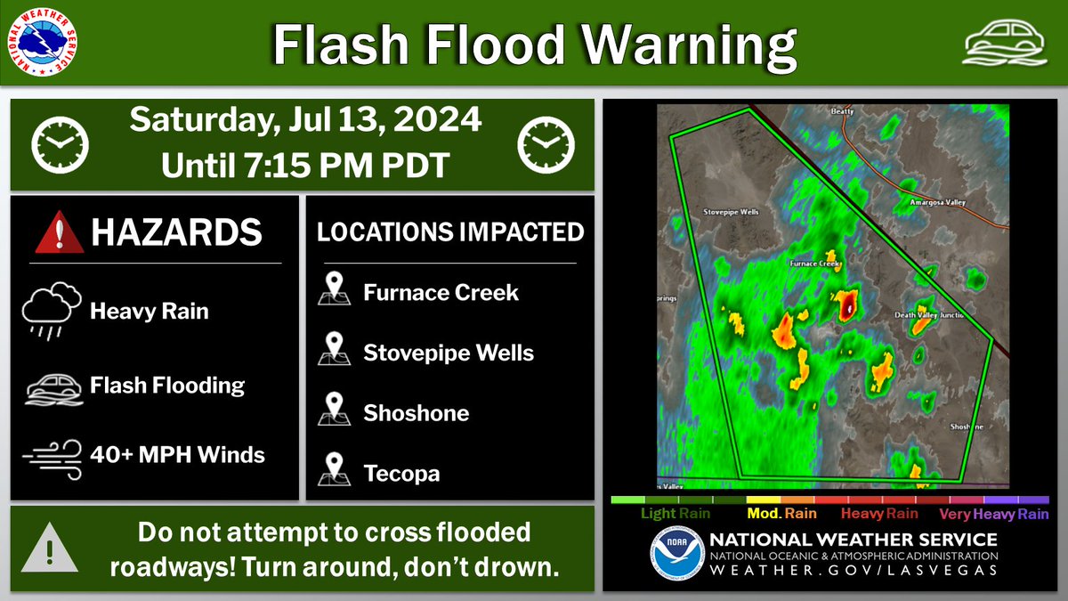 NWS Las Vegas (@nwsvegas) on Twitter photo 🚨Flash Flood Warning🚨
📍 Death Valley, CA
⏰Until 5:15 PM PDT
Flash flooding due to heavy rain is expected or already ongoing in <a href="/DeathValleyNPS/">Death Valley NP</a>. Between 0.5-1 inch of rain has already fallen. Never cross flooded roadways- Turn Around, Don't Drown! #cawx 🚨Flash Flood Warning🚨
📍 Death Valley, CA
⏰Until 5:15 PM PDT
Flash flooding due to heavy rain is expected or already ongoing in <a href="/DeathValleyNPS/">Death Valley NP</a>. Between 0.5-1 inch of rain has already fallen. Never cross flooded roadways- Turn Around, Don't Drown! #cawx