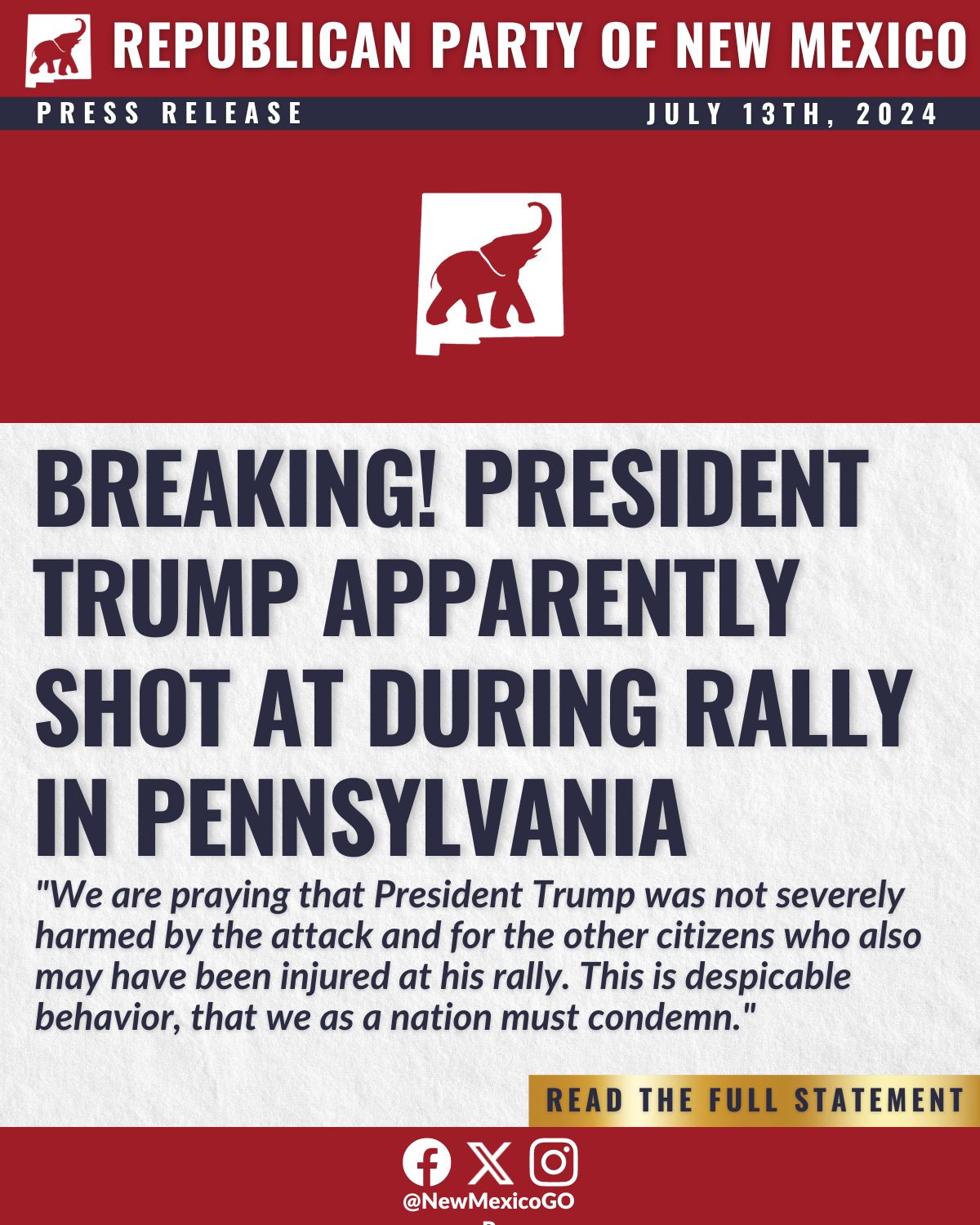 Republican Party of New Mexico on X: "BREAKING! President Trump Apparently  Shot at During Rally in Pennsylvania JULY 13—At a rally in Butler,  Pennsylvania, on Saturday, it appears that President Donald Trump