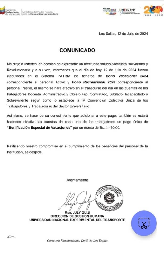 RIUINFORMA's tweet photo. #12JUL|Información de pago, a trabajadores de la universidad experimental del transporte UNETRANS https://t.co/ef3HU7DqAw