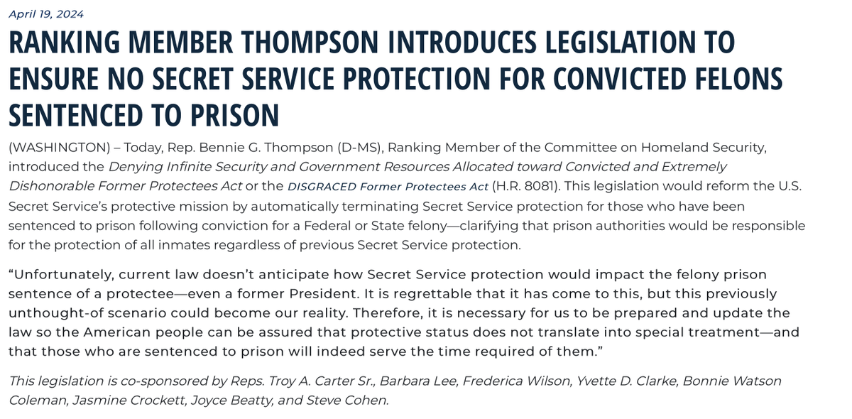 AlexPfeiffer's tweet image. Leading Democrats introduced legislation intended to strip President Trump of Secret Service protection. 

They did that at the same time as Joe Biden called President Trump a "dictator," and Nancy Pelosi said President Trump "must be stopped."