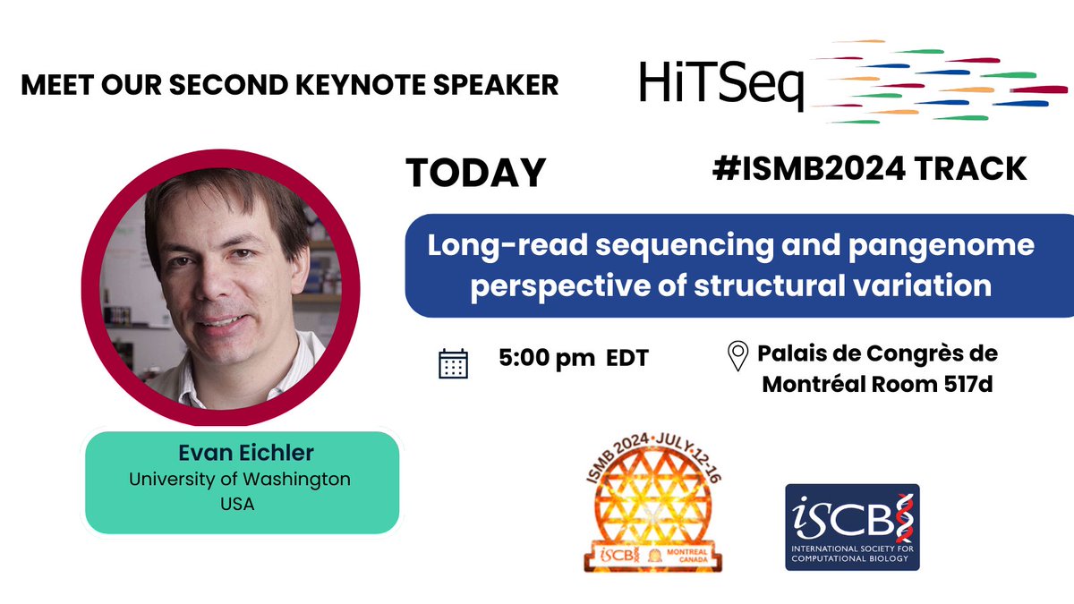 HiTSeq 2024 (@hitseq) on Twitter photo TODAY at 5 pm, <a href="/HiTSeq/">HiTSeq 2024</a> will have its fantastic second keynote speaker, Evan Eichler, at #ISMB2024 Room 517d! He aims to understand the evolution, pathology, and mechanism of recent gene duplication and DNA transposition within the human genome. Looking forward to seeing you! TODAY at 5 pm, <a href="/HiTSeq/">HiTSeq 2024</a> will have its fantastic second keynote speaker, Evan Eichler, at #ISMB2024 Room 517d! He aims to understand the evolution, pathology, and mechanism of recent gene duplication and DNA transposition within the human genome. Looking forward to seeing you!
