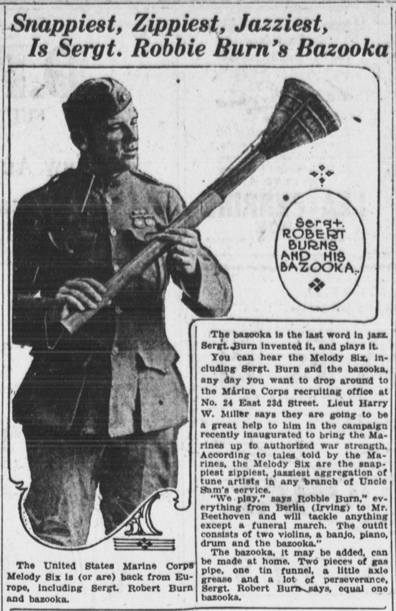 Jim_Cornelius's tweet image. #todayilearned that the WWII rocket propelled anti-tank weapon commonly known as a bazooka, was so called because it resembled a jazz musical instrument invented by comedian Bob Burns 30 years earlier. The weapon concept originated with famous US rocket engineer Robert Goddard.