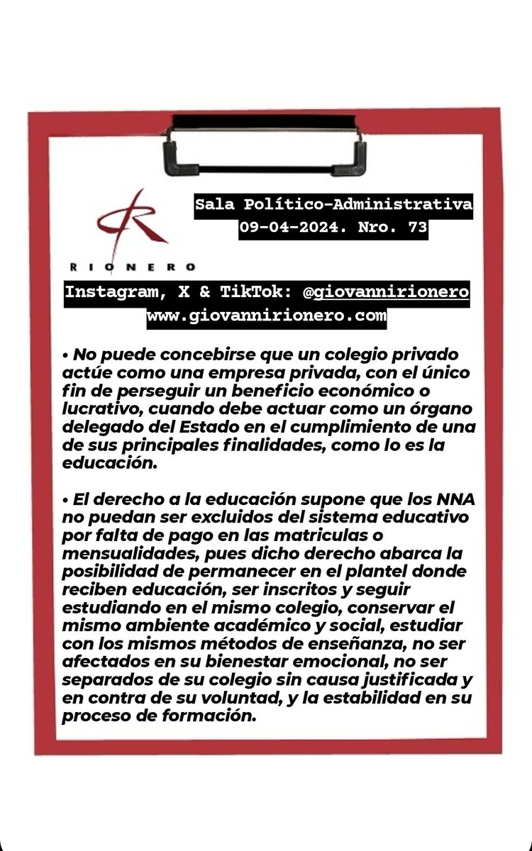 GiovanniRionero's tweet photo. #DerechoALaEducación Reciente sentencia en la cual se advierte que el derecho a la educación colige que los niños, niñas y adolescentes no pueden ser excluidos del sistema educativo por falta de pago en las matriculas o mensualidades escolares. https://t.co/o50p8mAmt4