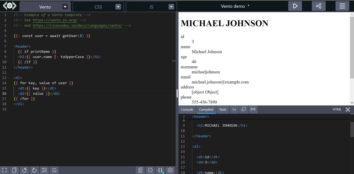 #LiveCodes now supports Vento, the new template engine for <a href="/deno_land/">Deno</a>, developed by <a href="/misteroom/">O Óscar</a>

Try it now:
livecodes.io/?x=id/7a2fdr5f… 🚀

Link to docs below 👇
