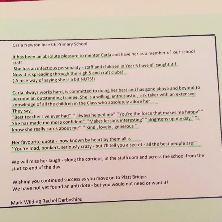 Mrs_C_Thomas27's tweet photo. My graduation speech from my mentors all those years ago! I love re-reading this at this point every year. If only I could tell my previous self just what teaching was and meant. It’s the toughest career but I wouldn’t change a second of being a part of Platt Bridge 💙🧡💚💜#CFAT https://t.co/nfqbY3XAJY
