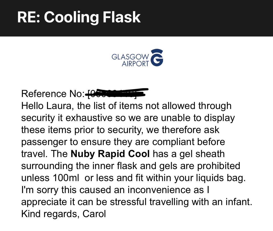 goodier_mrs's tweet photo. @RikkiMiller_ @AgentTui Nothing, which I am furious about! I complained via Tui but they said fault lay with the airport so then complained to Glasgow and this was the response…

If flying from Glasgow then I wouldn’t take one in hand luggage because it will be taken off you. 😭 https://t.co/WtdVc1JjcT