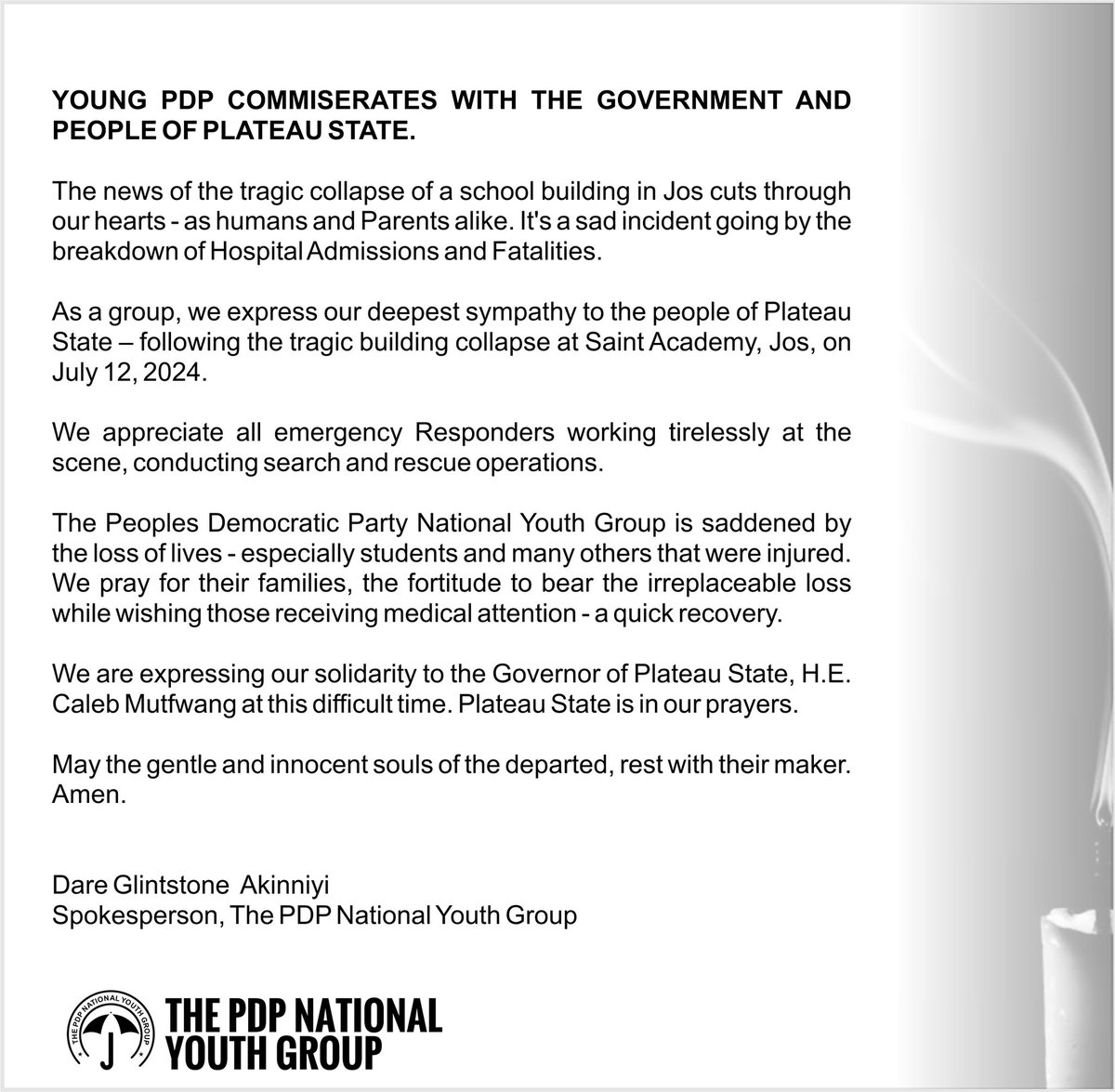 TheYoungPDP's tweet photo. Our thoughts are with the people and government of  Plateau State during this difficult time.

#YoungPDP https://t.co/BEITk6tkca