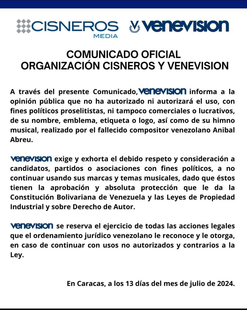 ????????????? on X: "? Venevision le exigió a Maduro dejar de  usar su himno con fines políticos. ?️ Venevision se reserva el ejercicio  de todas las acciones legales que el ordenamiento jurídico