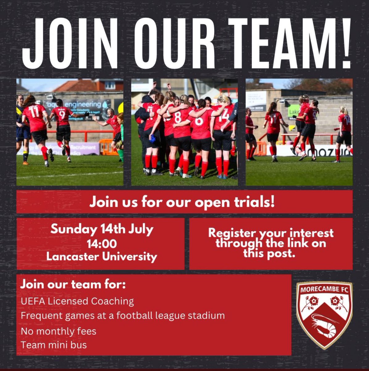 Tomorrow, we are holding open trials at Lancaster University!⚽️

Here are all the key timings:
13:00 | Sports Centre for changing rooms (if required)
13:20 | Meet at 3G pitch
14:00 | Open trials start

We look forward to seeing you tomorrow!

#UTS 🦐