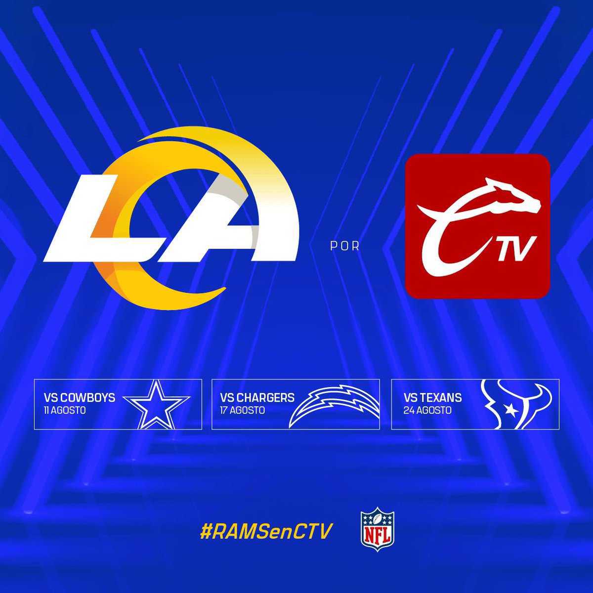Ale_NFL's tweet photo. ¡Nos vemos en la transmisión de los partidos de pretemporada de los LA Rams! 
#NFL #preseason #RAMSenCTV @somoscalientetv #Rams https://t.co/LNaZBr8sMp