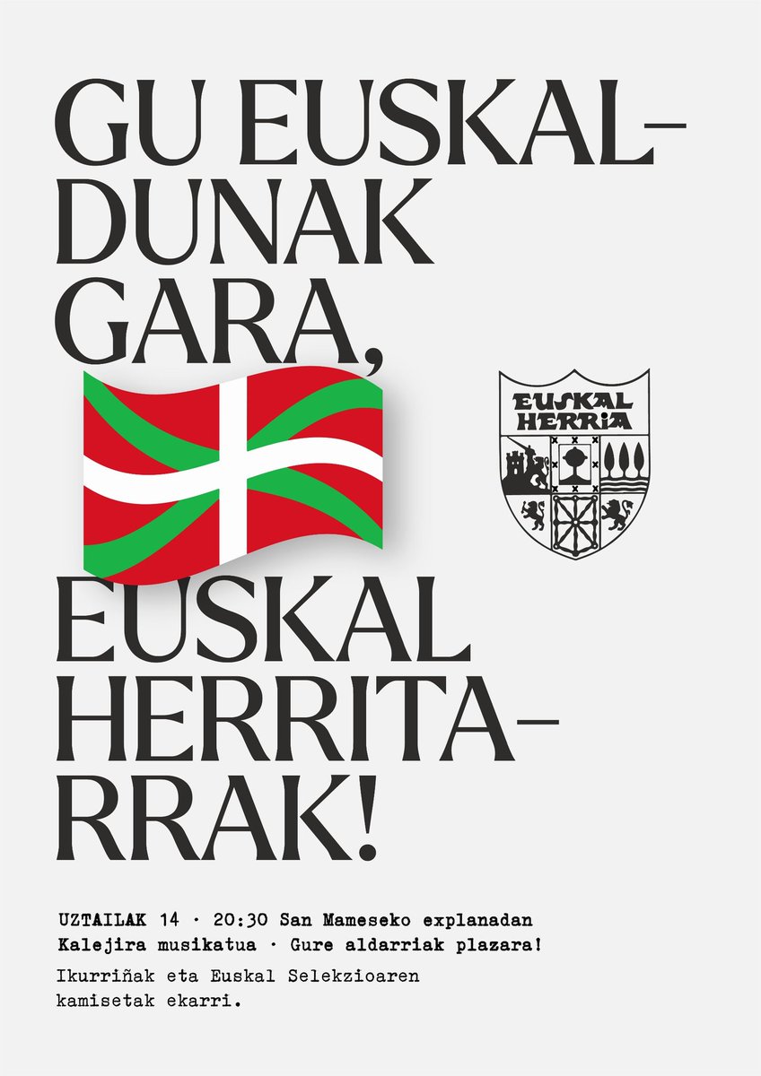 ICHHarmaila's tweet photo. Espainiar asimilazioari aurre egin! 

📍Bihar 20:30etan Kalejira San Mameseko explanadatik. 

Ikurrina bai, española ez! https://t.co/5EgwGpC5ZM