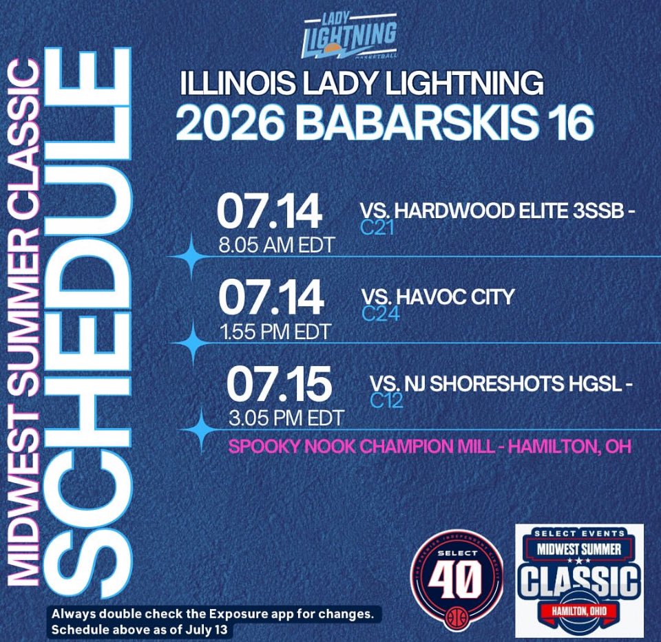 Heidi Clesen (@heidiclesen) on Twitter photo Excited about having fun with my teammates and playing in the upcoming Midwest Summer Classic. Here is my schedule.
<a href="/LadyLightningIL/">IL Lady Lightning</a> <a href="/SelectEventsBB/">Select Events Basketball</a> Excited about having fun with my teammates and playing in the upcoming Midwest Summer Classic. Here is my schedule.
<a href="/LadyLightningIL/">IL Lady Lightning</a> <a href="/SelectEventsBB/">Select Events Basketball</a>