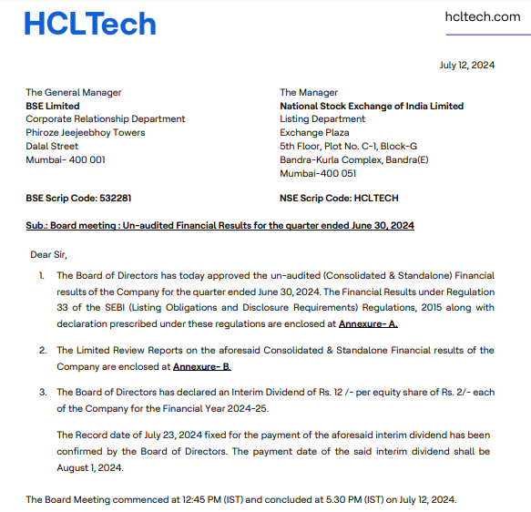 HeyAmrit's tweet image. #hcltechnologies Quarterly Results Q1-FY25 is Out!
Declared Dividend of Rs. 12/- per share

#investing #StockMarket #mutualfunds