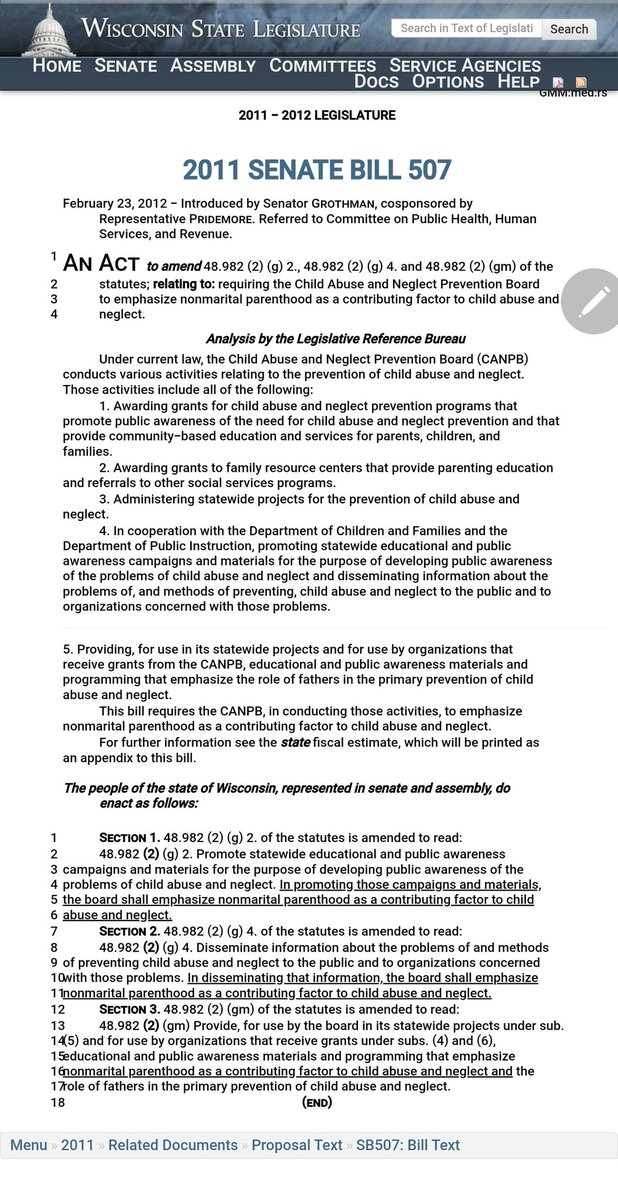 FixTheDamnGrid's tweet photo. @MrsButters Same guy who tried to pass SB507 WI (2011) to amend the law to require the child abuse and neglect prevention board to emphasize nonmarital Parenthood was a contributing factor to child abuse and neglect and of course majority single mothers. #misogyny #StopElectingMisogynist https://t.co/qgD3ud4Cjn