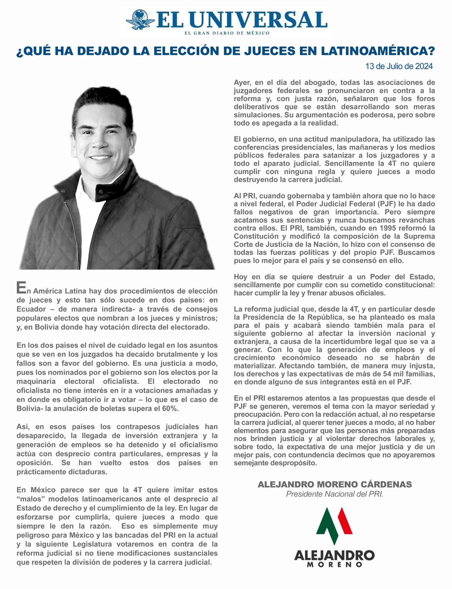 alitomorenoc's tweet photo. La reforma judicial que, desde la 4T, y en particular desde la Presidencia de la República, se ha planteado es mala para el país y acabará siendo también mala para el siguiente gobierno al afectar la inversión nacional y extranjera, a causa de la incertidumbre legal que se va a generar.

Les comparto mi opinión en @El_Universal_Mx. 

https://t.co/09Cregrt8C