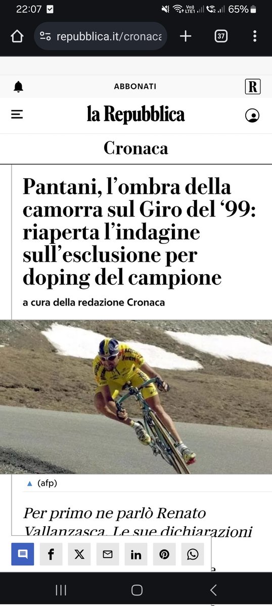 Pantani è stato vittima di un preciso disegno, che lo ha distrutto. Nel giro del 99 era pulito.