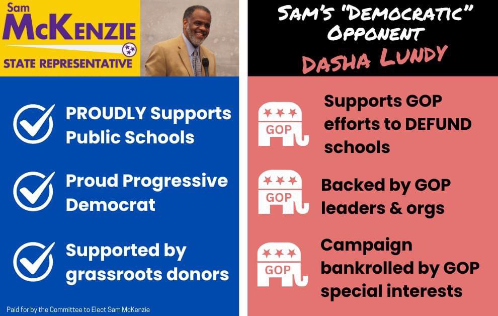 I'm a proud defender of our public schools &amp; fought back against Bill Lee's voucher scam. Now big money GOP special interests are supporting my opponent in the Dem Primary. 

Vote FOR PUBLIC SCHOOLS by voting McKenzie in the Dem Primary. Voting info at KnoxVotes.org