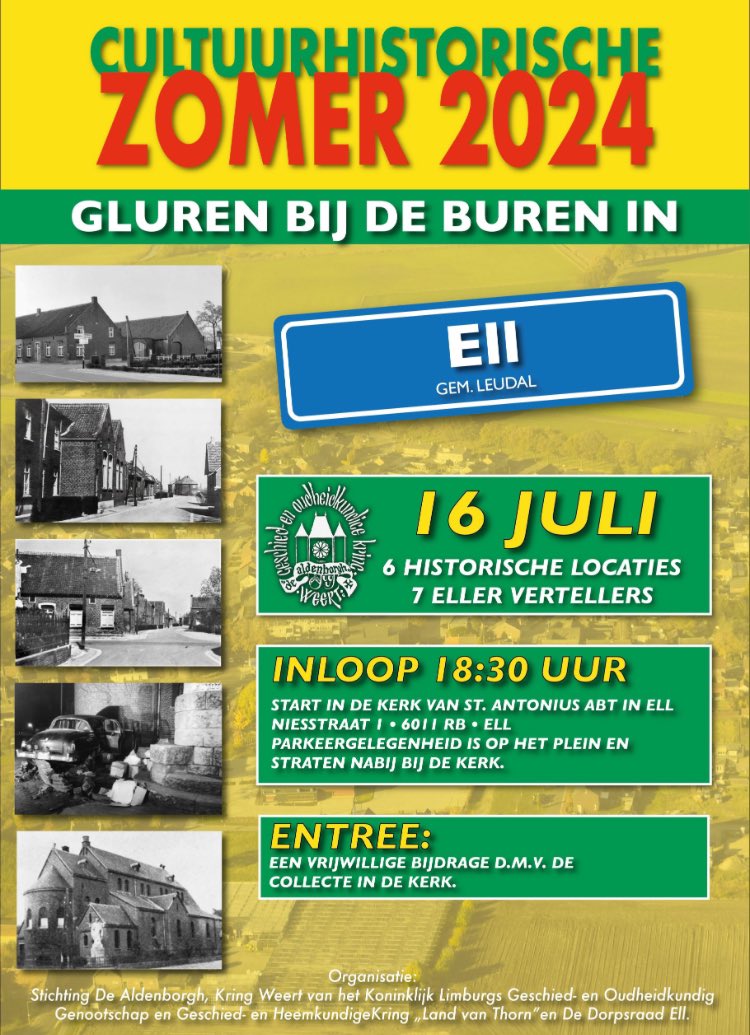 Dinsdag 16 Juli a.s. vindt in Ell “Gluren bij de Buren” plaats. Een tocht door het dorp waar op 7 stopplekken mooie verhalen over de geschiedenis van ons dorp worden verteld. Er zal ook heel veel te zien zijn, zelfs in heel oud bewegend beeld. Iereen welkom! <a href="/gemeenteleudal/">Gemeente Leudal</a>