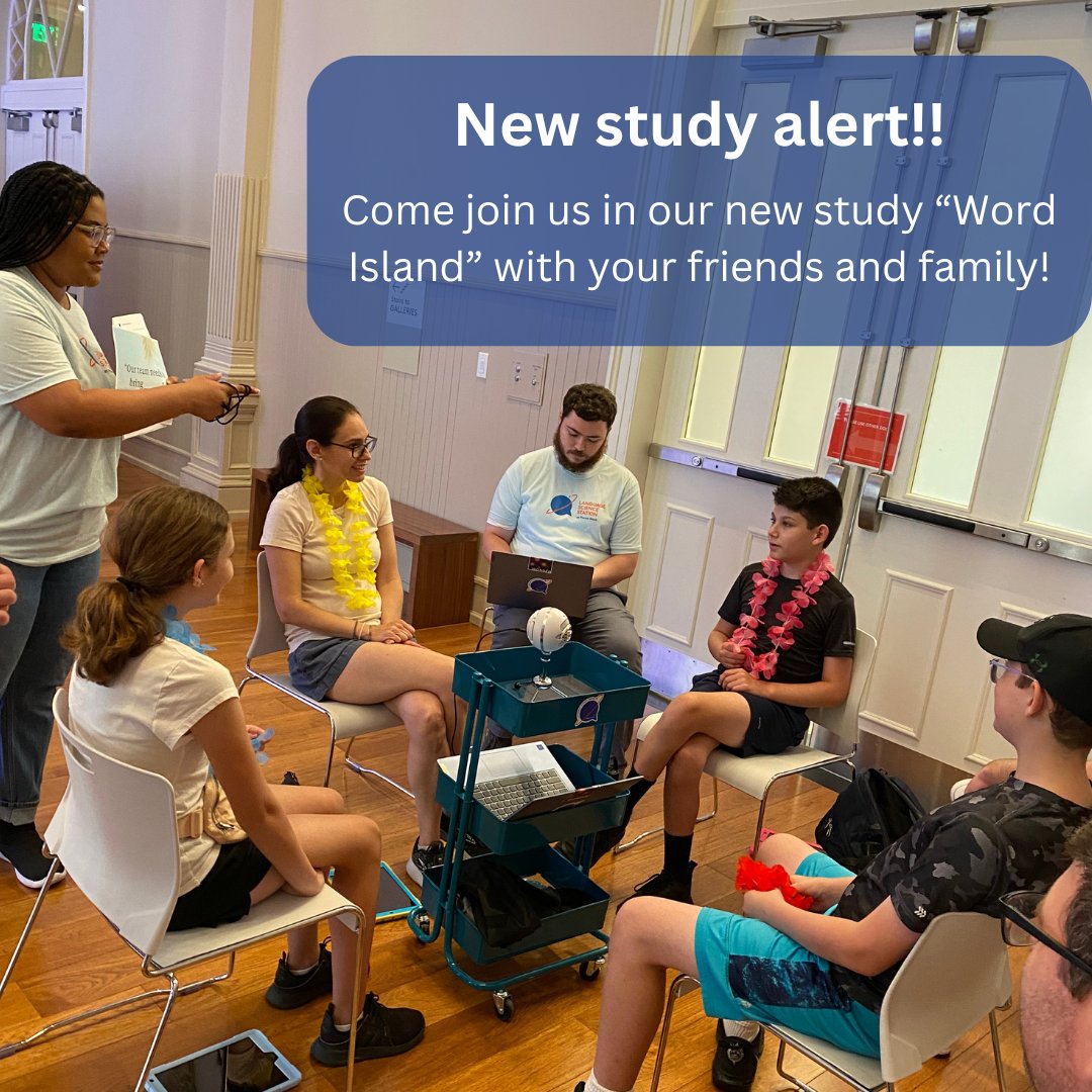 🌟 New Study Launch at <a href="/PlanetWordDC/">Planet Word Museum</a>! 🌟
In a unique team-based "reality show" challenge called “Word Island,” work with your group to pack for a deserted island. 🏝️
This study brought to you by Dr. Charlotte Vaughn, Director of the Language Science Station and <a href="/UMD_LSC/">UMD Language Science Center</a> faculty.