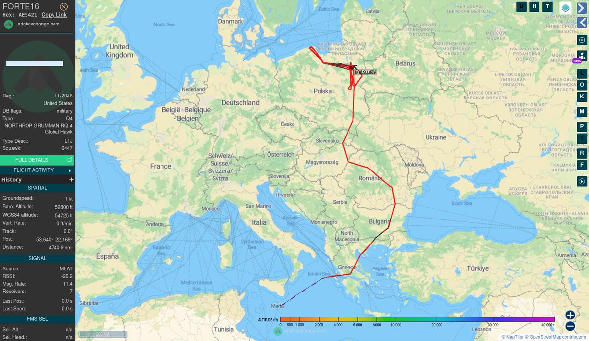 TheIntelFrog's tweet photo. USAF RQ-4 Globalhawk #AE5421 as FORTE16 is 8 hours into their mission taking a peek at Kaliningrad.

Must be something interesting going on again. https://t.co/R6JL1MjSct