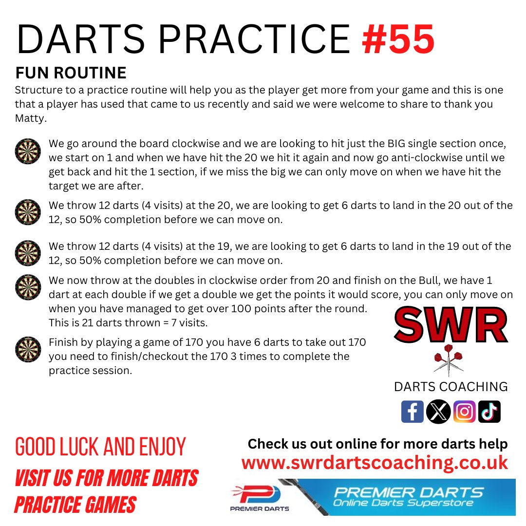 SWRDartsCoach's tweet photo. A fun practice routine that Matty, a chap who came to me this week for a coaching session has been using to help his game.
Give it a go let us know how you find it.
#darts #dartscoaching #dartshelp #dartsadvice #dartspractice https://t.co/VcSI4QdTKM