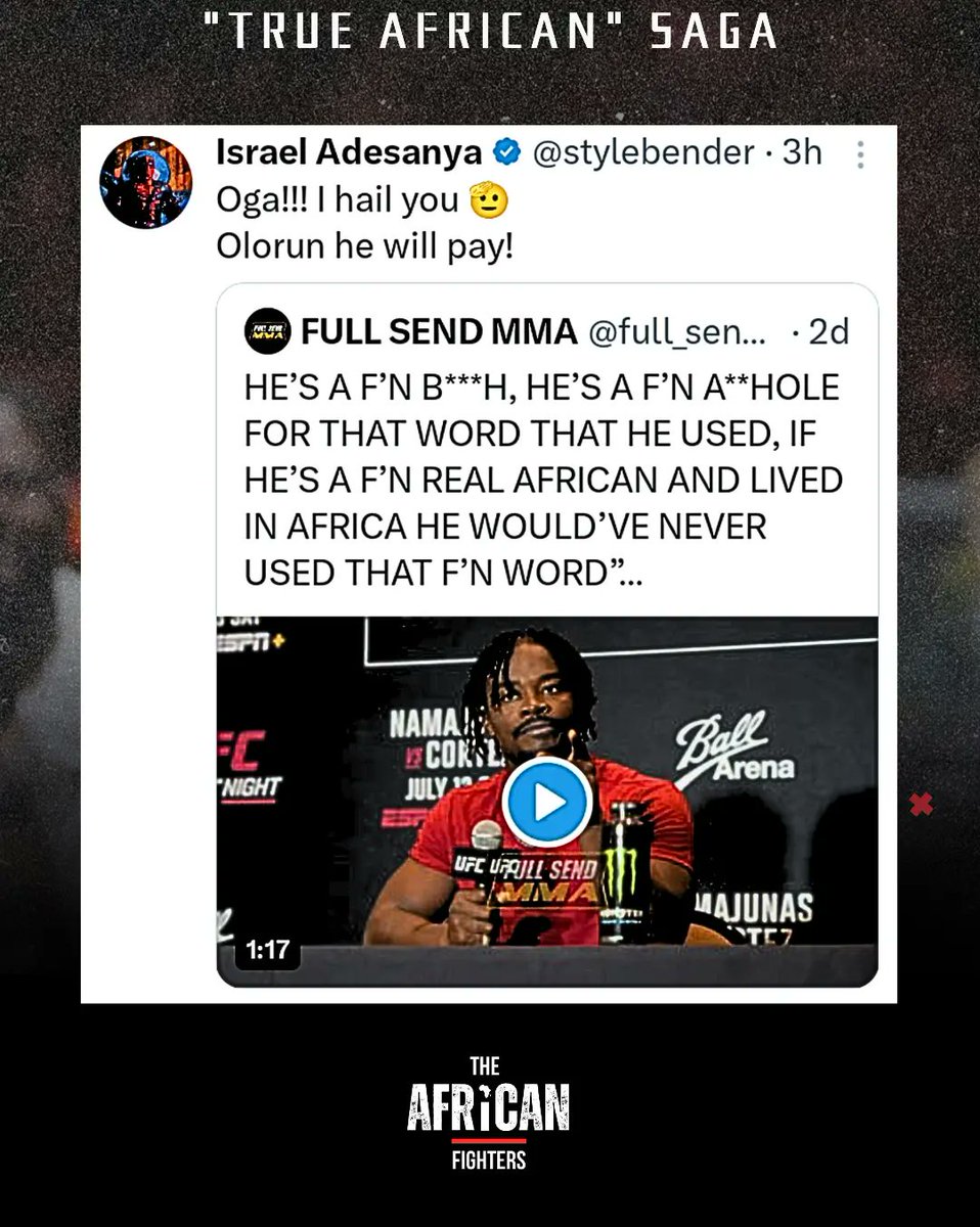 FightersAfrican's tweet photo. "Swear to God! He will pay!" Israel Adesanya vows to make Dricus du Plessis pay for his comments when they meet in the octagon. With this build-up, who you got? #UFC305
@stylebender
#IsraelAdesanya #DricusDuPlessis #UFCChamp #AlexPereira https://t.co/LS010eHecT