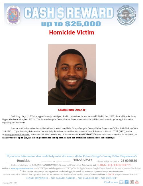 PGPDNews's tweet photo. Our Homicide Unit is investigating a fatal shooting that occurred Friday night following a vigil held at a high school in the unincorporated section of Upper Marlboro. The victim is 24-year-old Shahid Omar Jr., of Upper Marlboro. 
https://t.co/0NJzpX0ZWs https://t.co/mGE2yiopdg