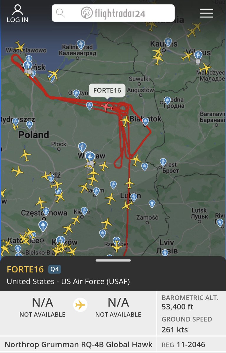 OSINTMilTracker's tweet photo. ⚠️ UPDATE – #USAF Global Hawk Reconnaissance UAV #FORTE16 is circulating near Suwalki Gab for some reason, after #Belarus officially orders troops from the southern border with Ukraine to another permanent deployment.  

Note: Chinese PLA is currently deployed to Brest. https://t.co/hprmLFZTiu